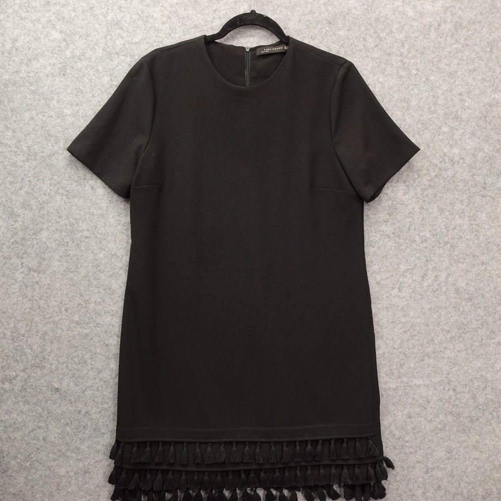 Cocktail Shift Black Dress Womens MEDIUM Tassel Fringe Hem Mini Boho Party ZARA